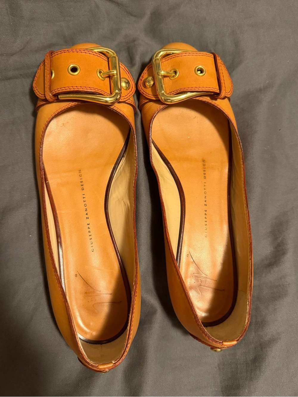 Giuseppe Zanotti Orange Leather Buckle Flats with Gold Hardware